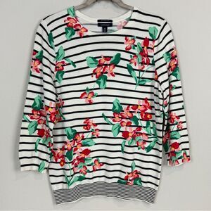 Lands’ End Striped Floral 3/4 Sleeve Supima Cotton Sweater M